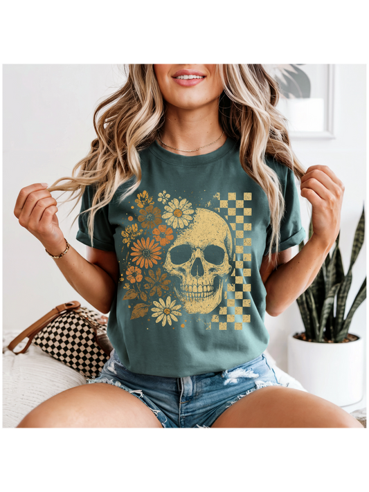 Skull Checkered with Flowers