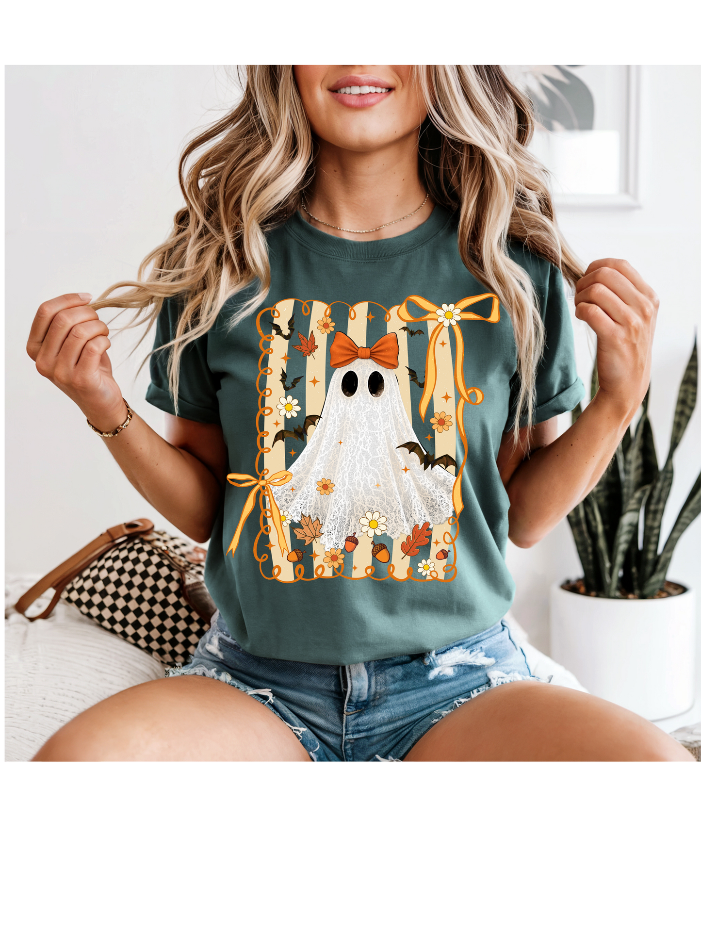 Cutie Ghost white Bow and Pumpkins